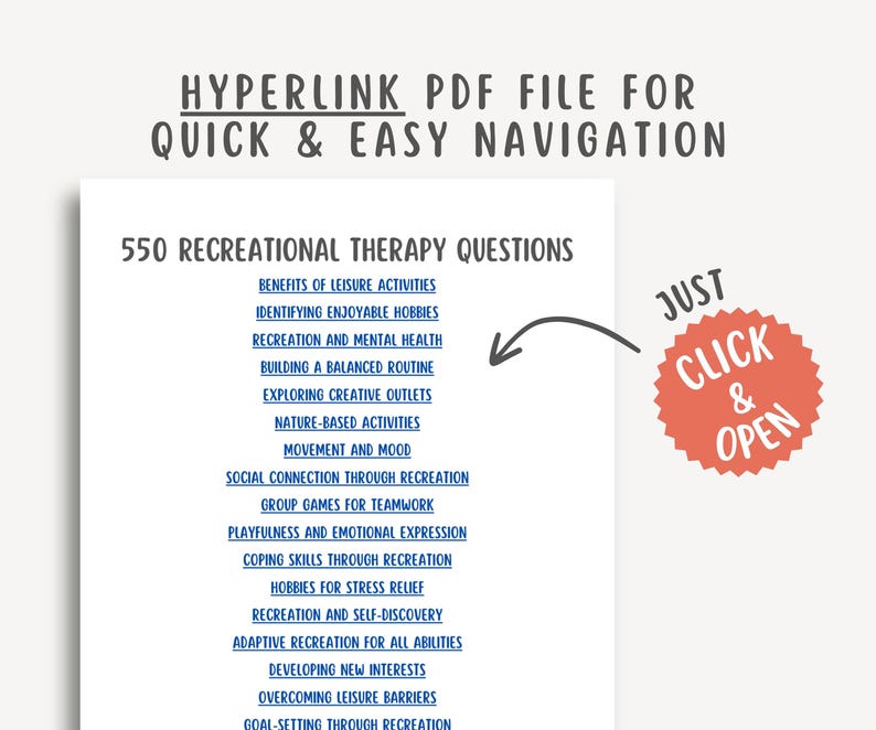 550 Recreational Therapy Questions, Leisure Therapy PDF, Activity Planner, Mental Health Tool, Self-Care, Printable, Counseling Guide