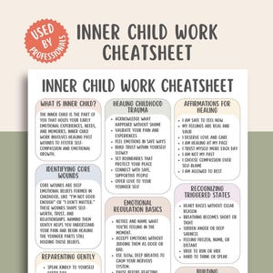 Inner Child Work Cheatsheet, reparenting guide, childhood trauma healing, self healing worksheet, emotional wounds chart, shadow work pdf