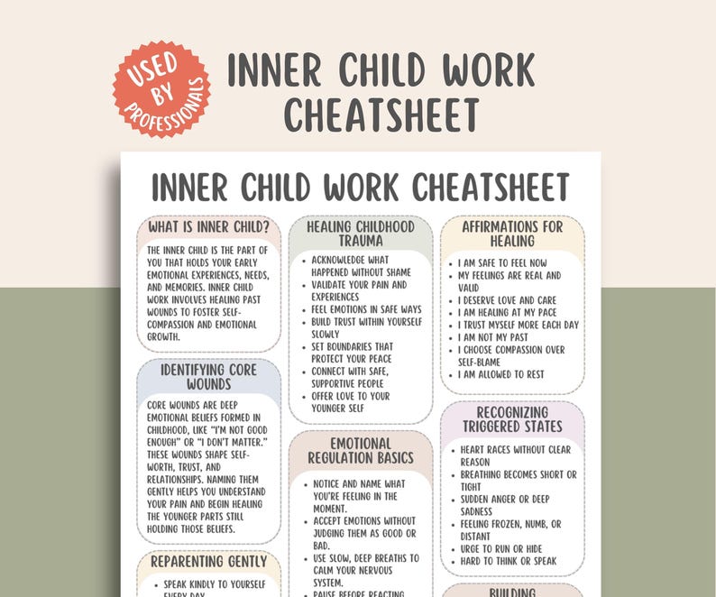 Inner Child Work Cheatsheet, reparenting guide, childhood trauma healing, self healing worksheet, emotional wounds chart, shadow work pdf