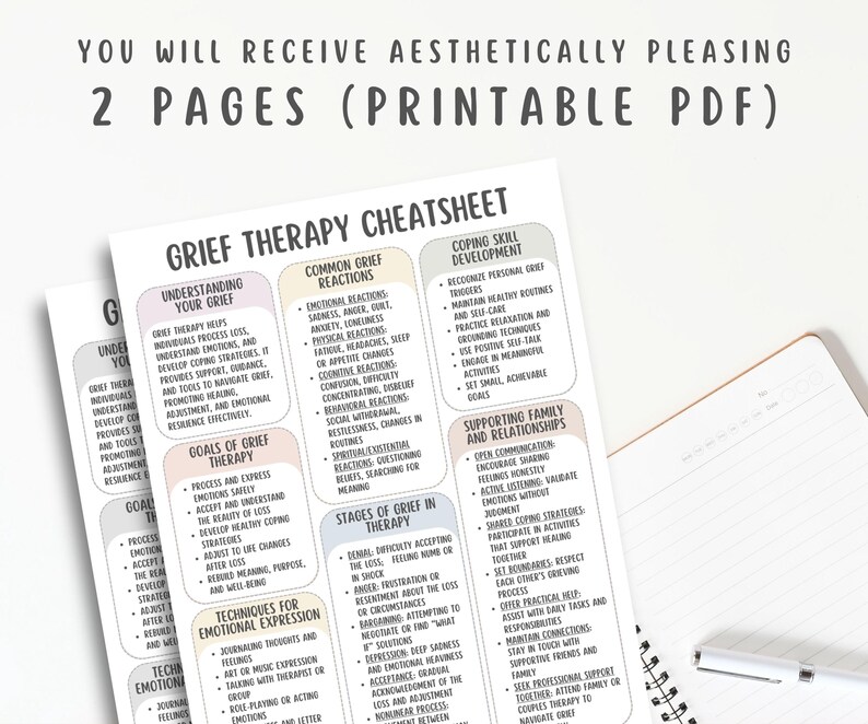Grief Therapy Cheatsheet, Bereavement Healing Guide, Emotional Support ...