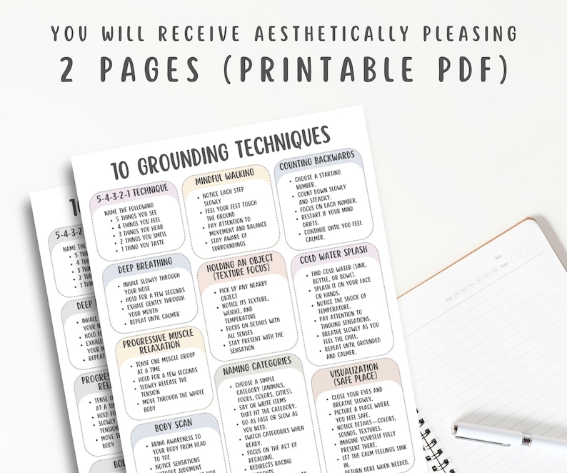 10 Grounding Techniques Cheatsheet, Anxiety Relief Guide, Stress Management, Mindfulness Exercises, Emotional Regulation, Calming Corner