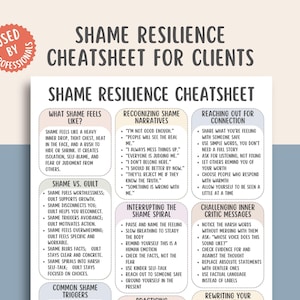 以下が含まれることがあります： クライアント向けの白とベージュの恥の回復力チートシートで、黒いテキストが使用されています。シートは、恥の感じ方、恥の物語の認識、つながりの構築、恥対罪悪感などのセクションに分かれています。