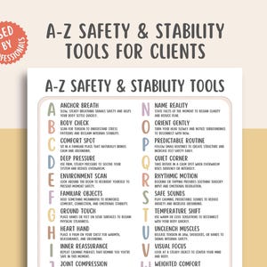 May include: A-Z Safety & Stability Tools for Clients poster with a peach background. The poster includes a list of tools with descriptions, such as Anchor Breath and Body Check. The words "Used by Professionals" are in a red circle.