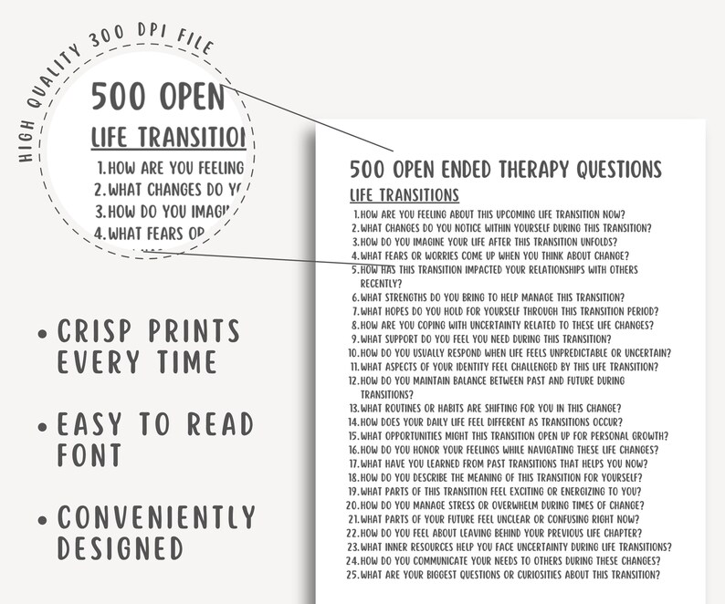 Open Ended Therapy Questions, client conversation prompts, mental health handout, reflection cards, counseling tool, talk therapy printable