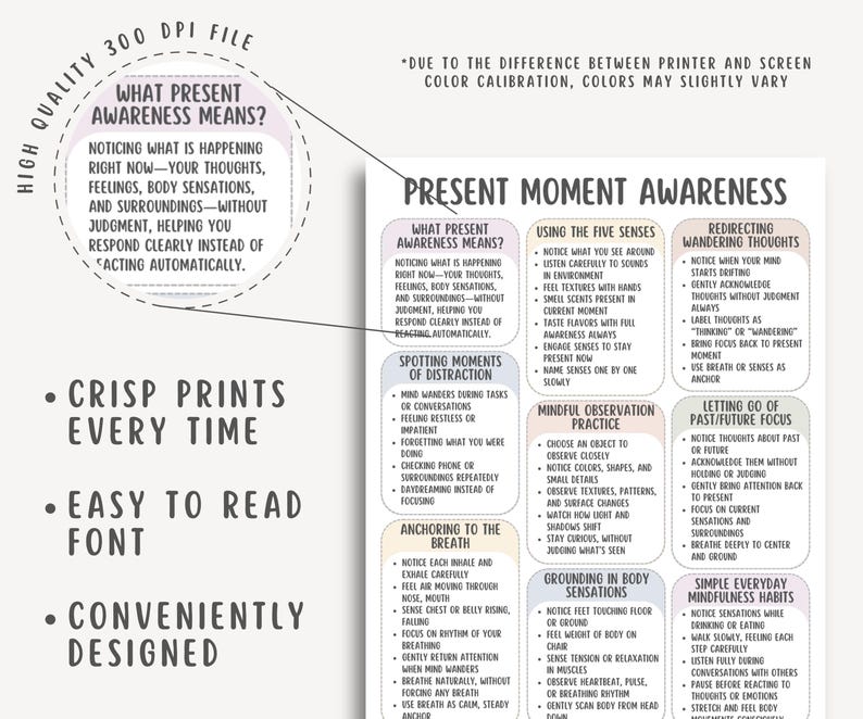 Present Moment Awareness Cheatsheet, Mindfulness Practice Tools ...