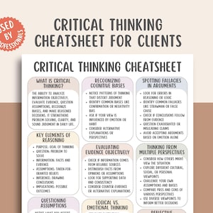 May include: A white and light purple critical thinking cheatsheet for clients. The document includes sections on critical thinking, cognitive biases, spotting fallacies, and multiple perspectives. The text is in black font.