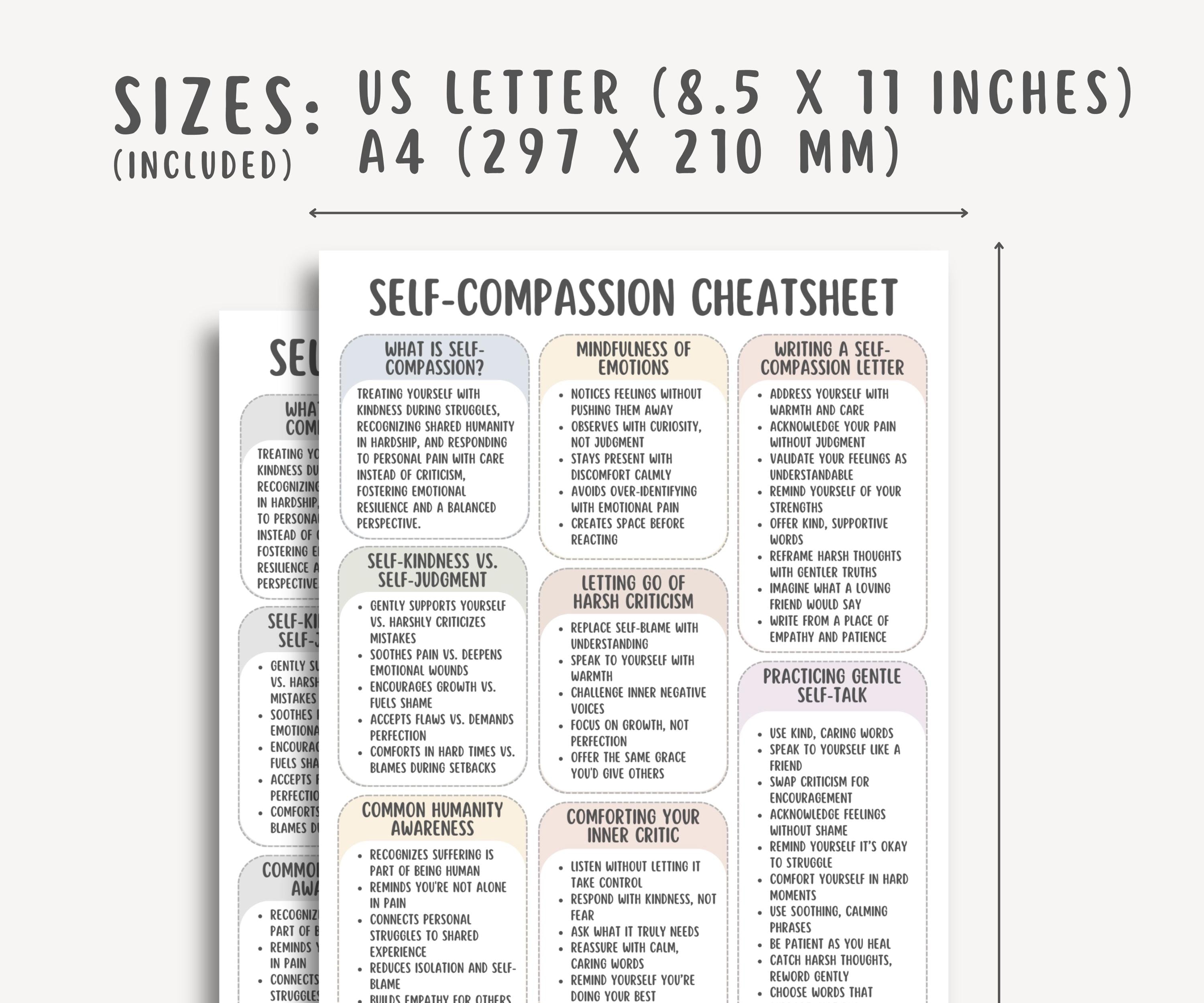 Self Compassion Cheatsheet, Self Love Worksheet, Self Kindness Guide ...