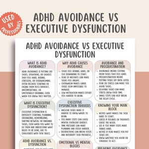 ADHD-undvikande kontra exekutiv dysfunktion fusklapp, uppgiftsundvikande, guide till exekutiv dysfunktion, hjälp med prokrastinering, verktyg för uppgiftsinitiering