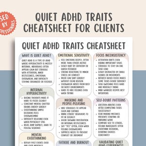 Könnte beinhalten: Eine weiße und beige Infografik mit dem Titel „Quiet ADHD Traits Cheatsheet for Clients“. Das Blatt ist in Abschnitte unterteilt, die Merkmale wie emotionale Sensibilität, Konzentrationsinkonsistenz und Selbstzweifelmuster detailliert beschreiben. In der oberen linken Ecke befindet sich ein runder Aufkleber mit der Aufschrift „Used by Professionals“.