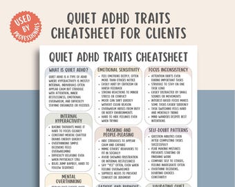 Cheatsheet stille ADHD-kenmerken, onoplettende ADHD, interne hyperactiviteit, maskeerpatronen, verborgen ADHD-symptomen, gids voor executieve functies