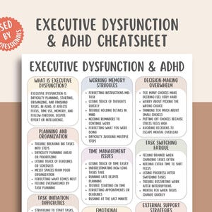 May include: A white A4 paper titled "Executive Dysfunction & ADHD Cheatsheet" with various bullet points detailing symptoms and strategies. The paper includes sections on planning, organisation, and decision-making.