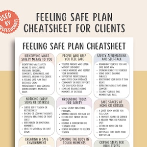 May include: A white paper titled "FEELING SAFE PLAN CHEATSHEET FOR CLIENTS" with sections on safety, including "Identifying What Safety Means to You" and "Grounding Tools for Safety". A red circle with "USED BY PROFESSIONALS" is in the top left corner.