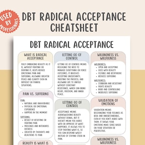 May include: A DBT Radical Acceptance Cheatsheet with text on the principles of radical acceptance, letting go of control, and willingness vs. willfulness. The document includes definitions and examples for emotional well-being.