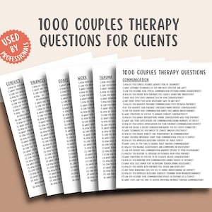 Puede incluir: Un conjunto de cinco hojas de trabajo imprimibles con 1000 preguntas de terapia de pareja para clientes. Las hojas de trabajo se titulan: Conflicto, Finanzas, Metas, Trabajo, Trauma y Comunicación. Cada hoja de trabajo tiene una lista de preguntas relacionadas con el tema.