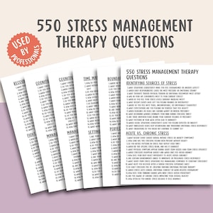 May include: A set of white paper sheets with text, titled "550 Stress Management Therapy Questions." The pages are fanned out, with a pink and white background. The text includes questions about identifying sources of stress.