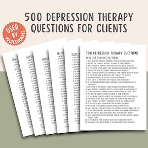 May include: A stack of white paper sheets with the text "500 Depression Therapy Questions for Clients" in black. The pages are organized with a list of questions. A red and white sticker says "Used by Professionals".