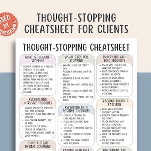 Puede incluir: Un documento en papel blanco titulado "Thought-Stopping Cheatsheet for Clients" con información detallada sobre la gestión de pensamientos intrusivos. El documento incluye secciones sobre el reconocimiento de pensamientos intrusivos, señales visuales y la práctica con pensamientos leves. Una pegatina roja que dice "Used by Professionals".