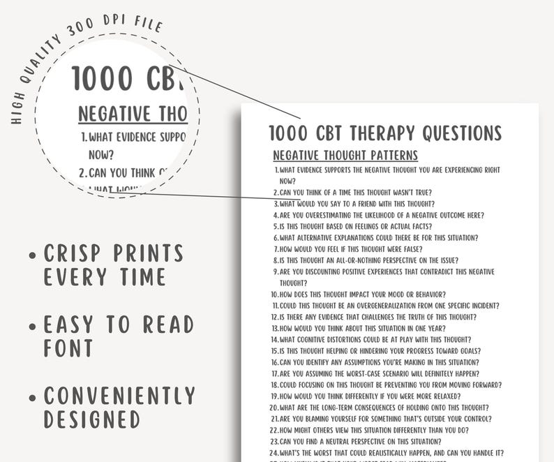 1000 CBT Therapy Questions, Cognitive Behavioral Therapy Resources, Therapy Interventions, Negative Thought Patterns, Self Esteem Worksheets