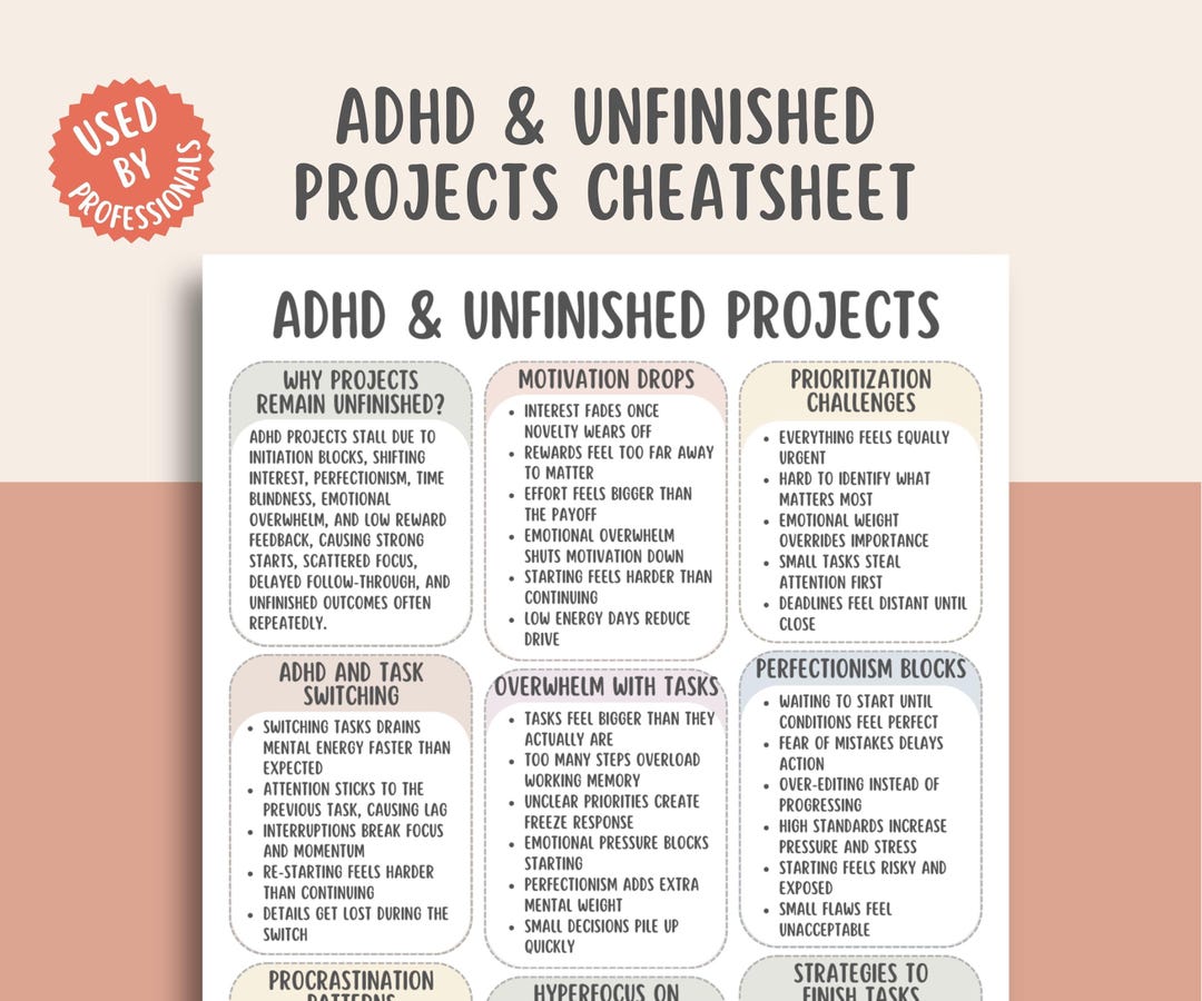 ADHD & Unfinished Projects Cheatsheet, Executive Dysfunction Printable ...