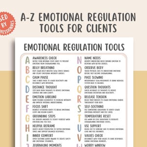 May include: A white printed poster titled "A-Z Emotional Regulation Tools for Clients." The poster lists various techniques, including awareness check, belly breathing, and grounding steps, to manage emotions. The poster is designed for professional use.