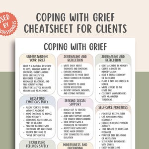 Op de afbeelding: Een wit papier met de titel "Coping with Grief Cheatsheet for Clients" met een rode ronde sticker met de tekst "Used by Professionals". Het papier bevat secties over het begrijpen van rouw, journaling en zelfzorgpraktijken.