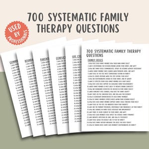 Könnte beinhalten: Fünf weiße Seiten mit schwarzem Text, jede Seite enthält eine Liste von Fragen für die Familientherapie. Die Titel der Seiten sind "Kommunikation", "Grenzen", "Elternschaft", "Konflikt" und "Lebenszyklus". Der Titel des Dokuments lautet "700 systematische Familientherapie-Fragen".