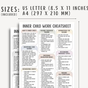 Inner Child Work Cheatsheet, reparenting guide, childhood trauma healing, self healing worksheet, emotional wounds chart, shadow work pdf