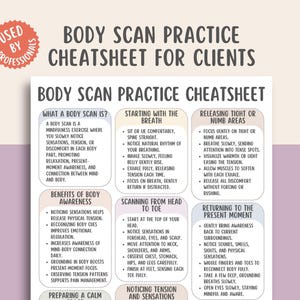 Może przedstawiać: Biały i beżowy arkusz ćwiczeń skanowania ciała dla klientów, z czarnym tekstem. Tytuł "BODY SCAN PRACTICE CHEATSHEET FOR CLIENTS" znajduje się na górze. Arkusz zawiera instrukcje dotyczące ćwiczeń skanowania ciała.