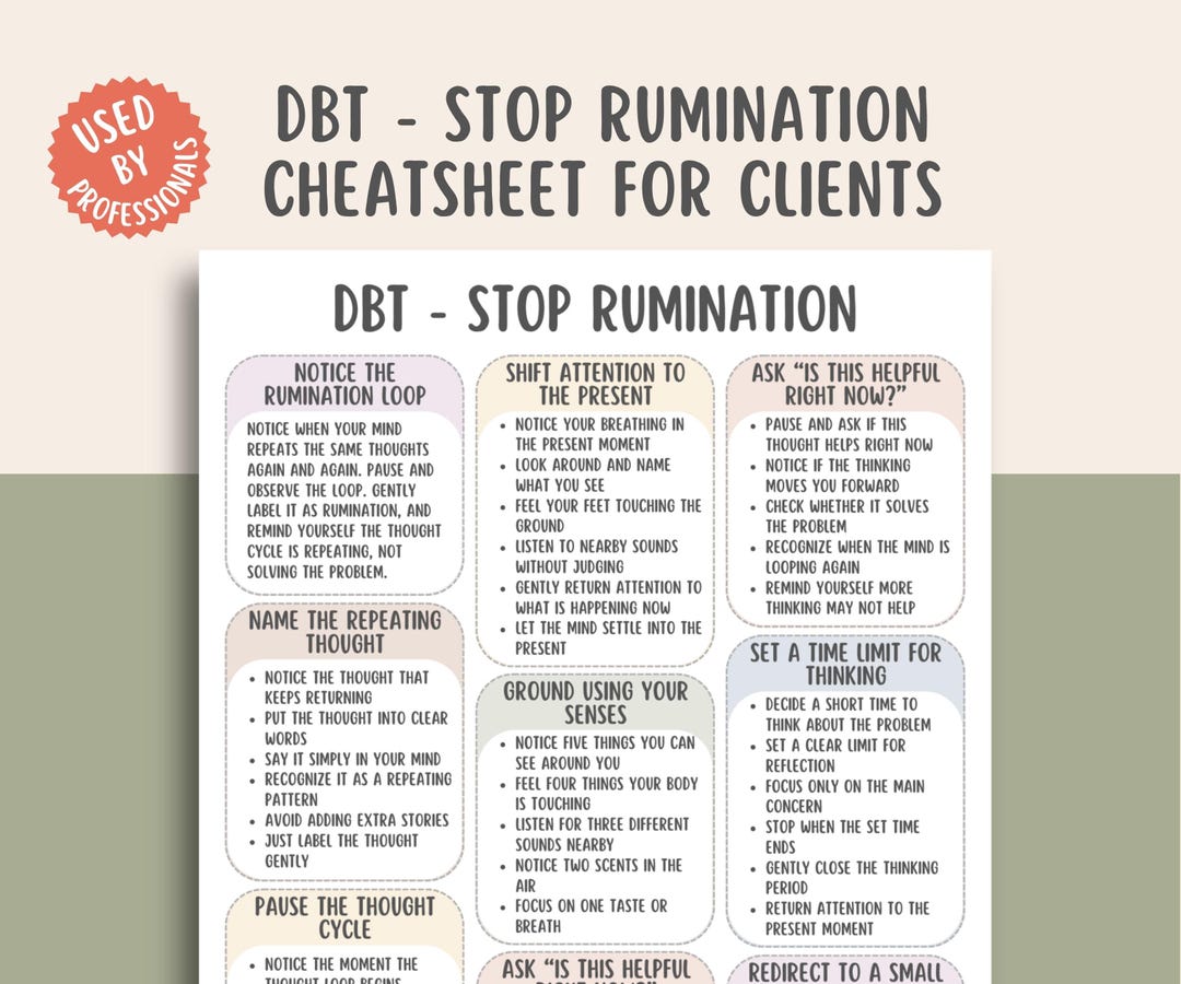 DBT Stop Rumination Cheatsheet, Overthinking Worksheet, Thought Loop ...