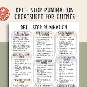 Pode incluir: Uma folha de dicas DBT (Terapia Comportamental Dialética) branca e bege para clientes, com texto em preto. A folha inclui etapas para parar a ruminação, como notar o ciclo de pensamento e mudar a atenção para o presente. Um adesivo circular vermelho diz "Usado por profissionais."