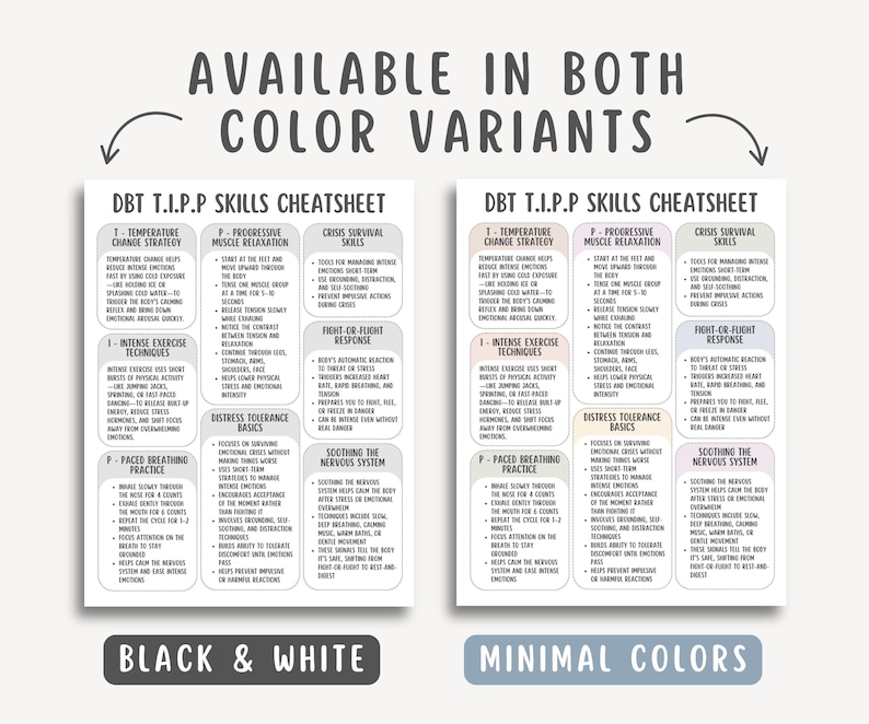 DBT TIPP Skills Cheat Sheet PDF, Therapy Worksheet, Coping Skills Guide ...