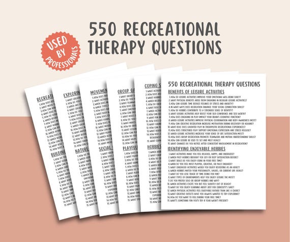 550 Recreational Therapy Questions, Leisure Therapy PDF, Activity Planner, Mental Health Tool, Self-Care, Printable, Counseling Guide