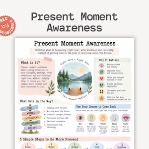 Present Moment Awareness Cheatsheet, Mindfulness Practice Tools, Staying Present Skills, Anxiety Relief Printable, Grounding Exercises Guide