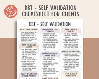 DBT Selbstvalidierungs-Spickzettel, Selbstwert-Arbeitsblatt, Druckbare Emotionsregulierung, Vertrauensbildungsleitfaden, Achtsamkeitsfähigkeiten PDF