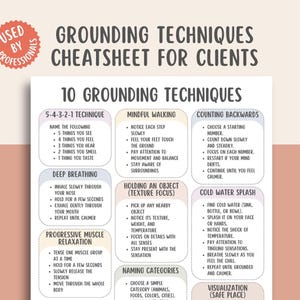 May include: A white paper titled "Grounding Techniques Cheatsheet for Clients" with 10 techniques, including deep breathing and mindful walking. The top left corner has a red circle with the words "Used by Professionals".