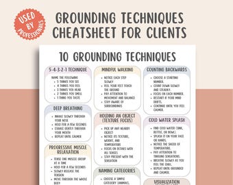 May include: A white paper titled "Grounding Techniques Cheatsheet for Clients" with 10 techniques, including deep breathing and mindful walking. The top left corner has a red circle with the words "Used by Professionals".