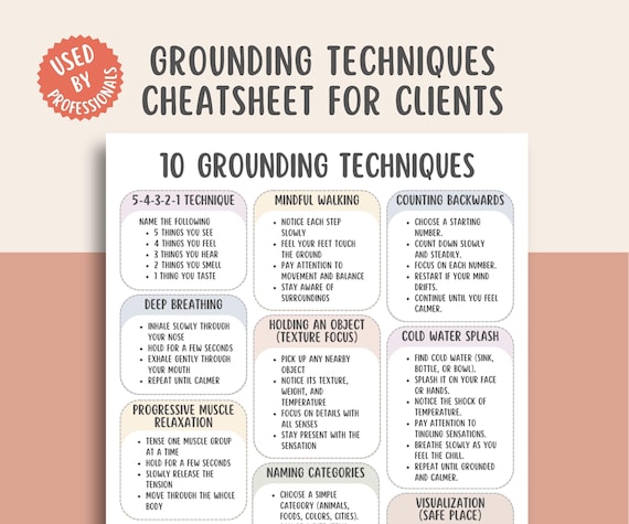 Grounding Techniques Cheatsheet, Anxiety Relief Guide, Stress Management, Mindfulness Exercises, Emotional Regulation, Calming Corner