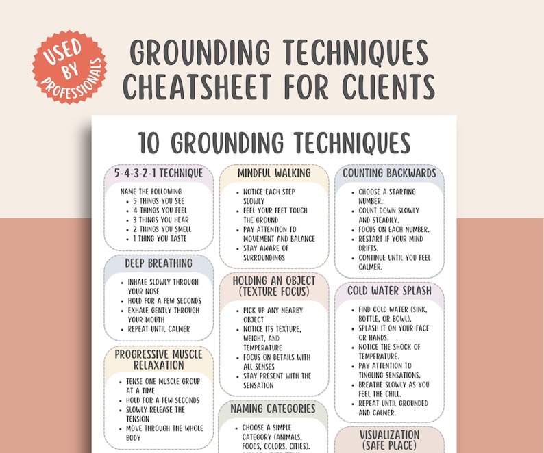 10 Grounding Techniques Cheatsheet, Anxiety Relief Guide, Stress Management, Mindfulness Exercises, Emotional Regulation, Calming Corner