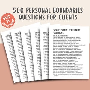 May include: A stack of white cards with the text "500 Personal Boundaries Questions for Clients." The cards are categorized by topic, including "Emotion," "Time Boundaries," and "Social Media." A red sticker reads "Used by Professionals."