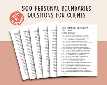 May include: A stack of white cards with the text "500 Personal Boundaries Questions for Clients." The cards are categorized by topic, including "Emotion," "Time Boundaries," and "Social Media." A red sticker reads "Used by Professionals."
