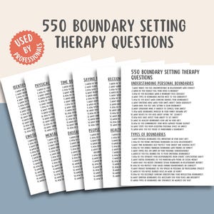 May include: A stack of white paper sheets with the text "550 Boundary Setting Therapy Questions" and "Used by Professionals." The sheets are organized by topic, including "Physical," "Time," and "Emotional." The text is in black.