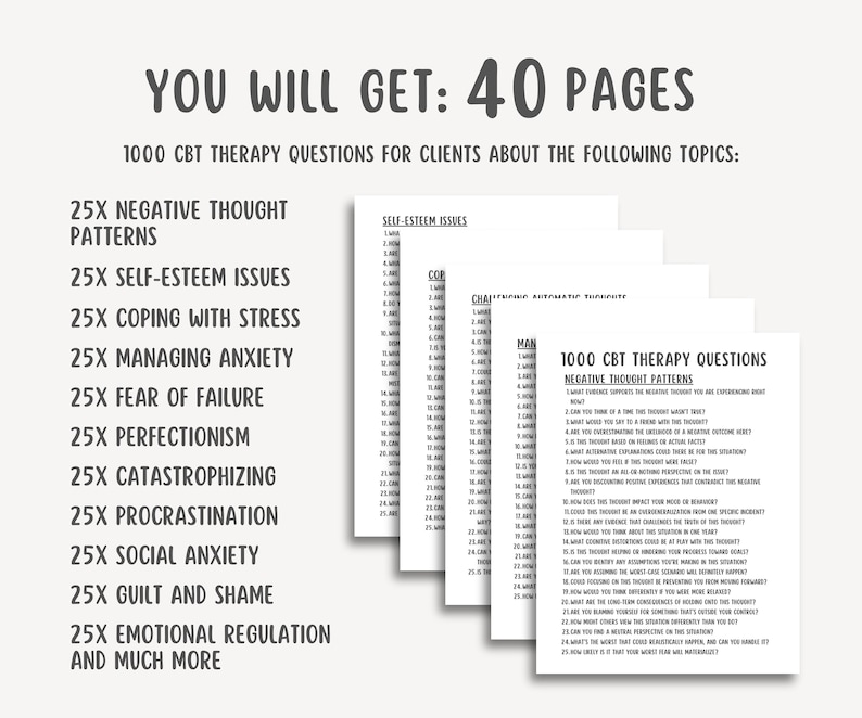1000 CBT Therapy Questions, Cognitive Behavioral Therapy Resources, Therapy Interventions, Negative Thought Patterns, Self Esteem Worksheets