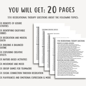 550 Recreational Therapy Questions, Leisure Therapy PDF, Activity Planner, Mental Health Tool, Self-Care, Printable, Counseling Guide