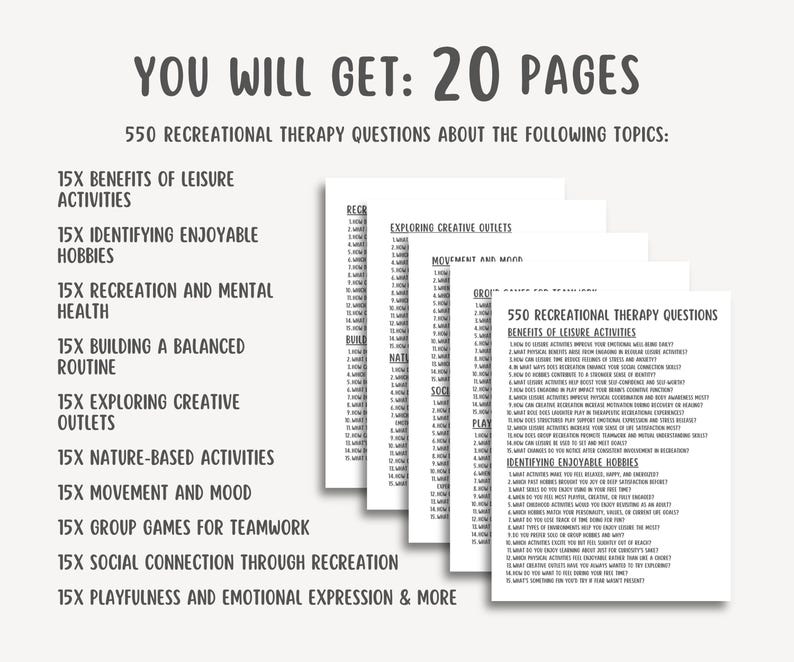 550 Recreational Therapy Questions, Leisure Therapy PDF, Activity Planner, Mental Health Tool, Self-Care, Printable, Counseling Guide