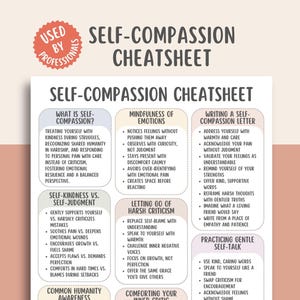 May include: A self-compassion cheatsheet with a white background and black text. The sheet is divided into sections with titles like "What is Self-Compassion?" and "Mindfulness of Emotions." A red circular sticker in the upper left corner reads "Used by Professionals."