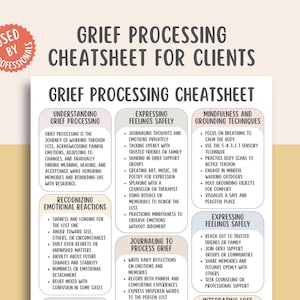May include: A grief processing cheatsheet for clients, featuring sections on understanding grief, recognizing emotional reactions, and expressing feelings safely. Includes mindfulness techniques and journaling prompts. The design is a white background with black text and colorful accents.