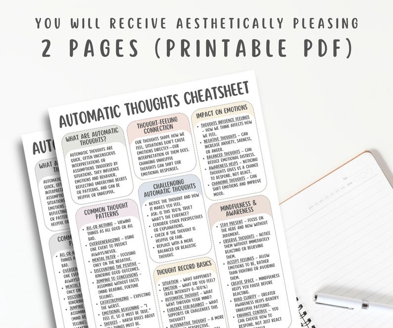 Automatic Negative Thoughts Cheatsheet, CBT Thought Record, Challenging ANTS, Mindfulness and Awareness, Impact on Emotions, Common Patterns