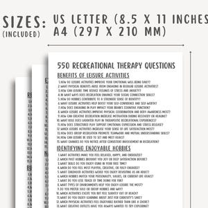 550 Recreational Therapy Questions, Leisure Therapy PDF, Activity Planner, Mental Health Tool, Self-Care, Printable, Counseling Guide