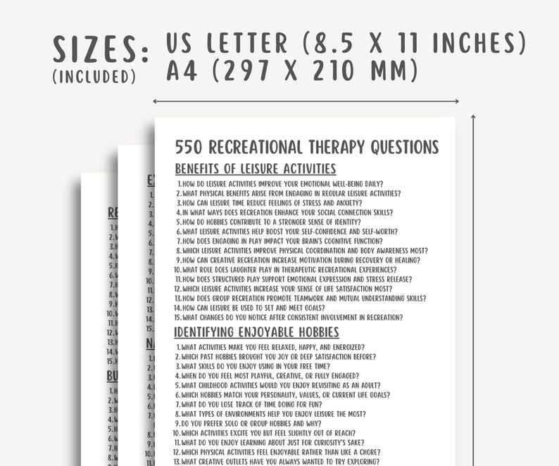 550 Recreational Therapy Questions, Leisure Therapy PDF, Activity Planner, Mental Health Tool, Self-Care, Printable, Counseling Guide