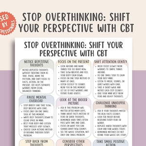 May include: A white poster with the title "STOP OVERTHINKING: SHIFT YOUR PERSPECTIVE WITH CBT" and bullet points offering CBT techniques. The poster includes a red circular seal that says "USED BY PROFESSIONALS".